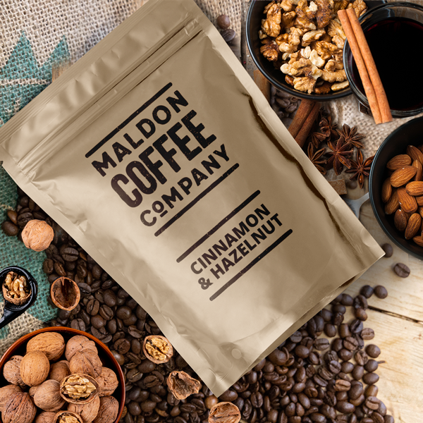 Bag of Cinnamon and Hazelnut coffee beans from Maldon Coffee Company.